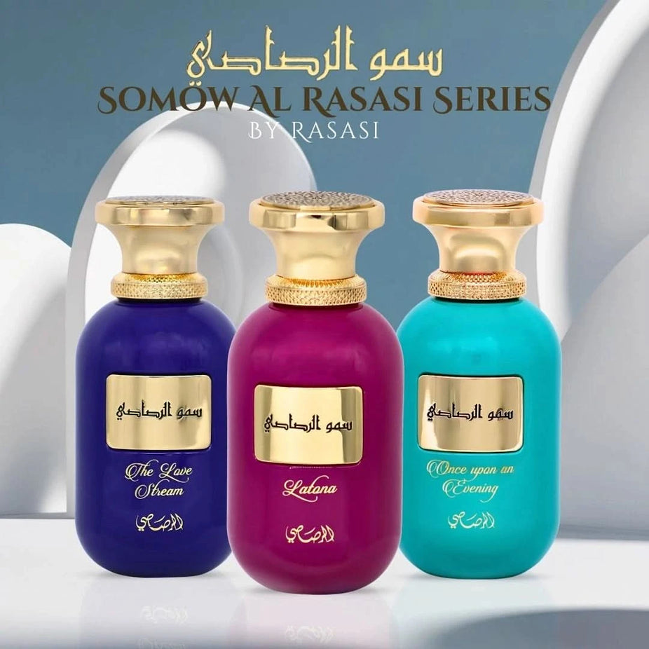 Bundle of Rasasi Somow Al Rasasi The Love Stream, Latona, and Once Upon an Evening Eau de Parfum sprays in 100ml bottles.