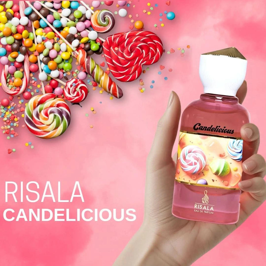 Risala Candelicious Eau de Parfum spray 100ml bottle with elegant design, showcasing the RISALA EDP fragrance for women.