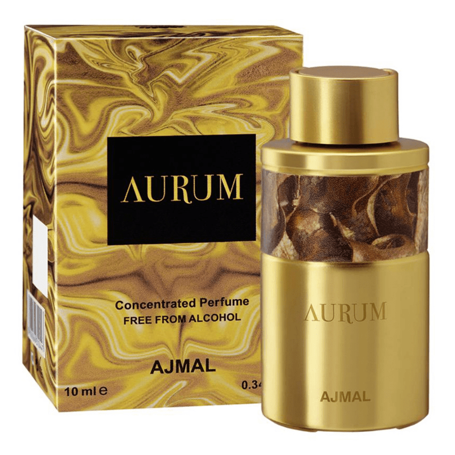 Aurum Perfume Oil by Ajmal, 10 ML concentrated perfume oil bottle with elegant packaging and branding visible.