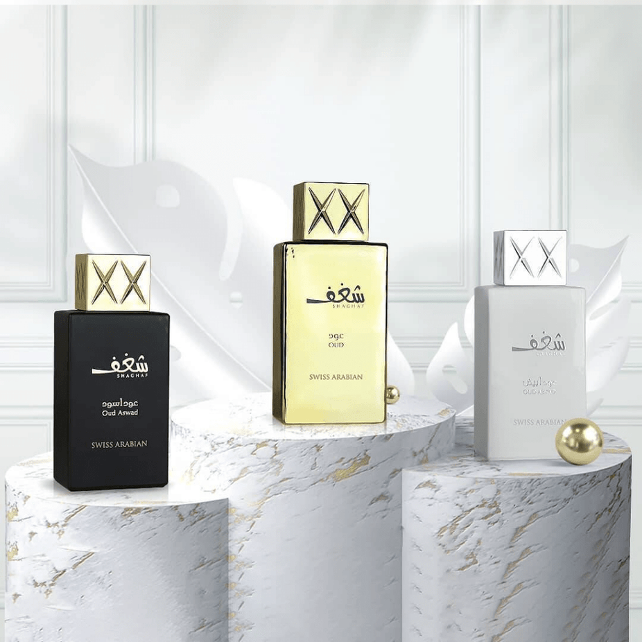 Swiss Arabian Shaghaf Oud Abyad EDP 75ml perfume bottle with elegant design, showcasing the luxurious fragrance.