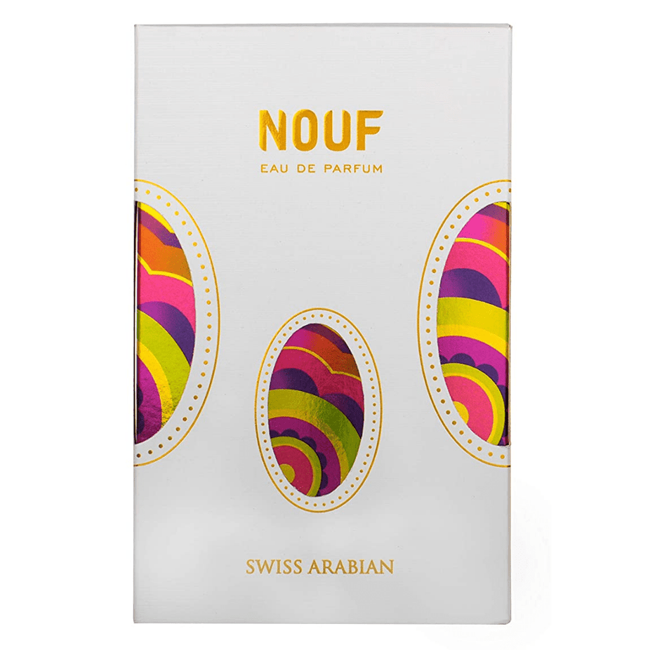 Swiss Arabian Nouf for Women EDP perfume bottle with elegant pink and gold accents, showcasing the luxurious design.