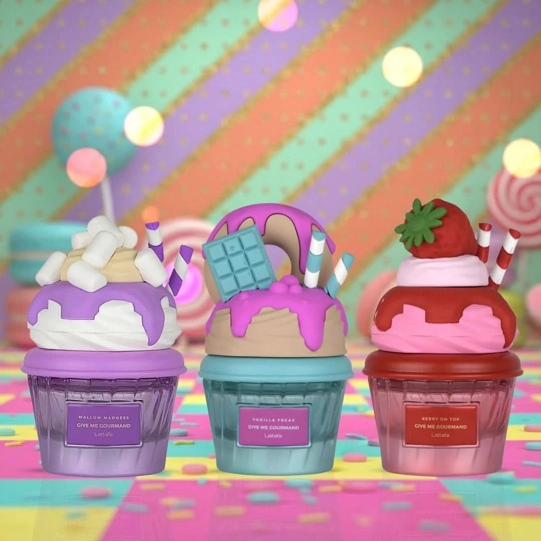 Lattafa Mallow Madness, Vanilla Freak, and Berry on Top Eau de Parfum spray bundle, 75ml bottles with colorful packaging.