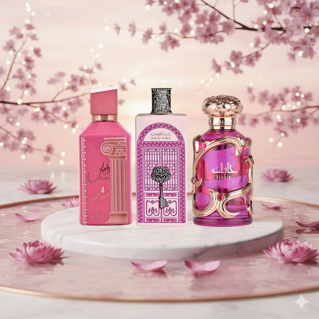 Ahubbak Love in Paris & Bab al Wardi by Ard Al Zaafaran & Habik Women by Lattafa - Eau de Parfum Sprays 100ml (3.4 oz) (Mary's Pink Bundle) - Intense Oud