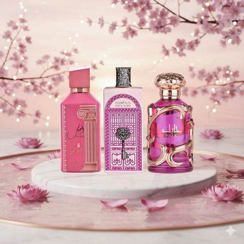 Ahubbak Love in Paris & Bab al Wardi by Ard Al Zaafaran & Habik Women by Lattafa - Eau de Parfum Sprays 100ml (3.4 oz) (Mary's Pink Bundle) - Intense Oud