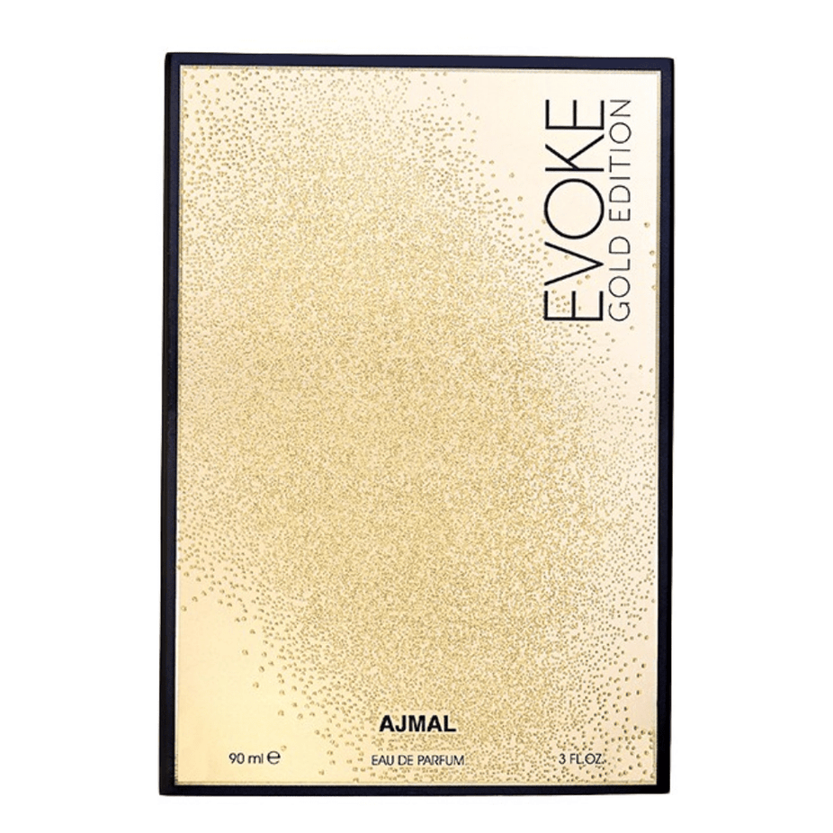 Evoke Gold Edition for Men Eau De Parfum by Ajmal, 90 ML bottle with gold accents, elegant packaging and branding visible.