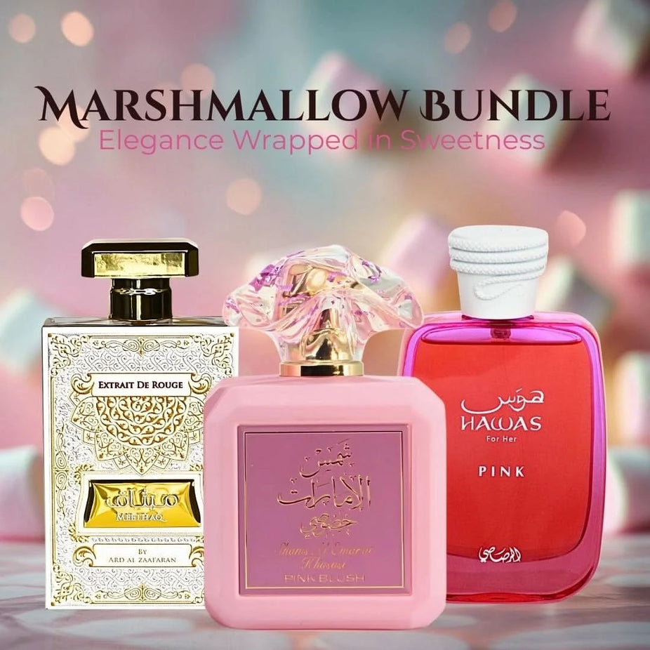 Intense Oud pink and marshmallow perfume bundle featuring Blush & Meethaq Extrait de Rouge by Ard Al Zaafaran and Hawas Pink by Rasasi, 100ml.