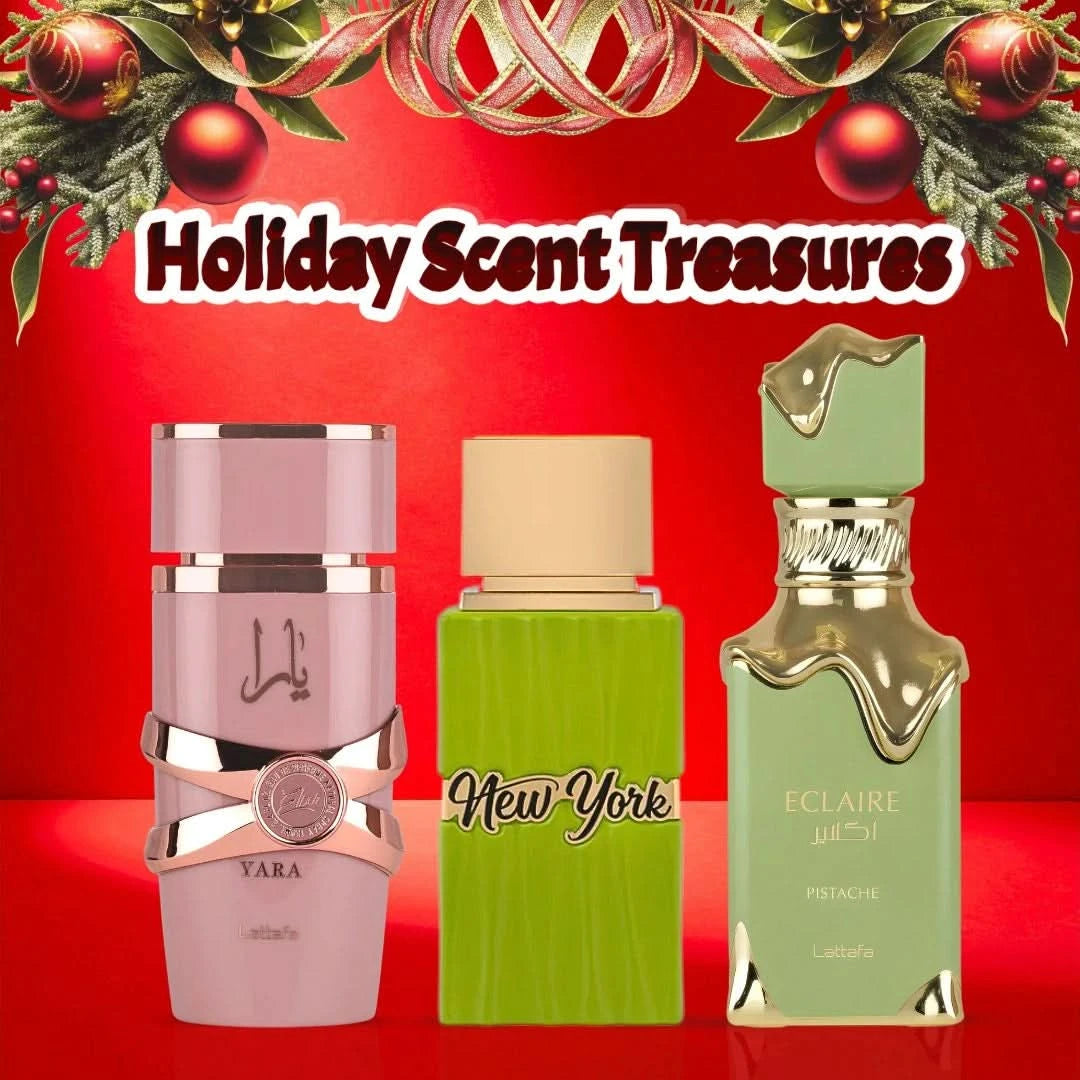 Bundle of Lattafa Yara Elixir, New York Life by Hamidi, and Eclaire Pistache Eau de Parfum sprays, each in 100ml bottles.