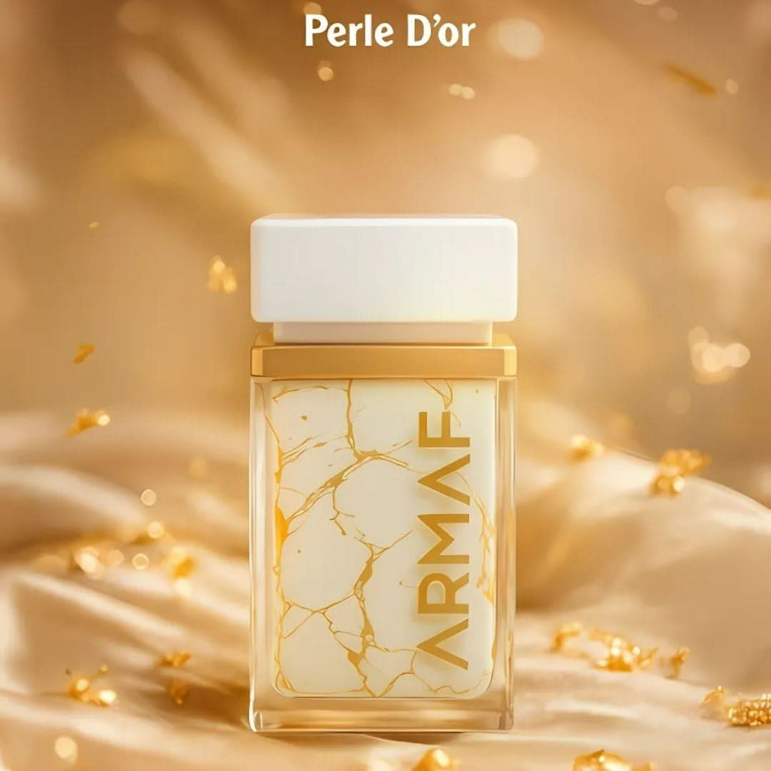 Armaf Perle D’or Eau de Parfum spray 75ml with velvet pouch, elegant glass bottle with gold accents and floral design.