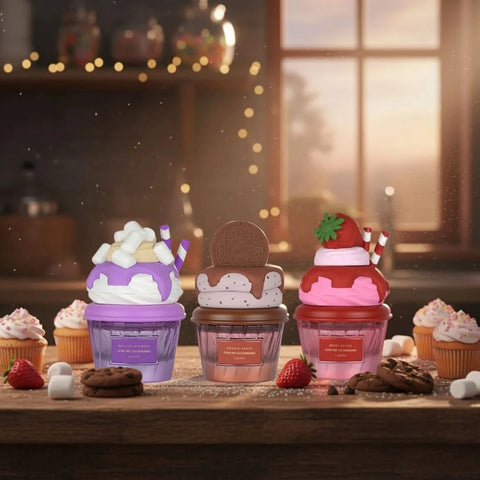 Lattafa Mallow Madness, Cookie Crave, and Berry on Top Eau de Parfum sprays in a 75ml bundle, featuring colorful perfume bottles.