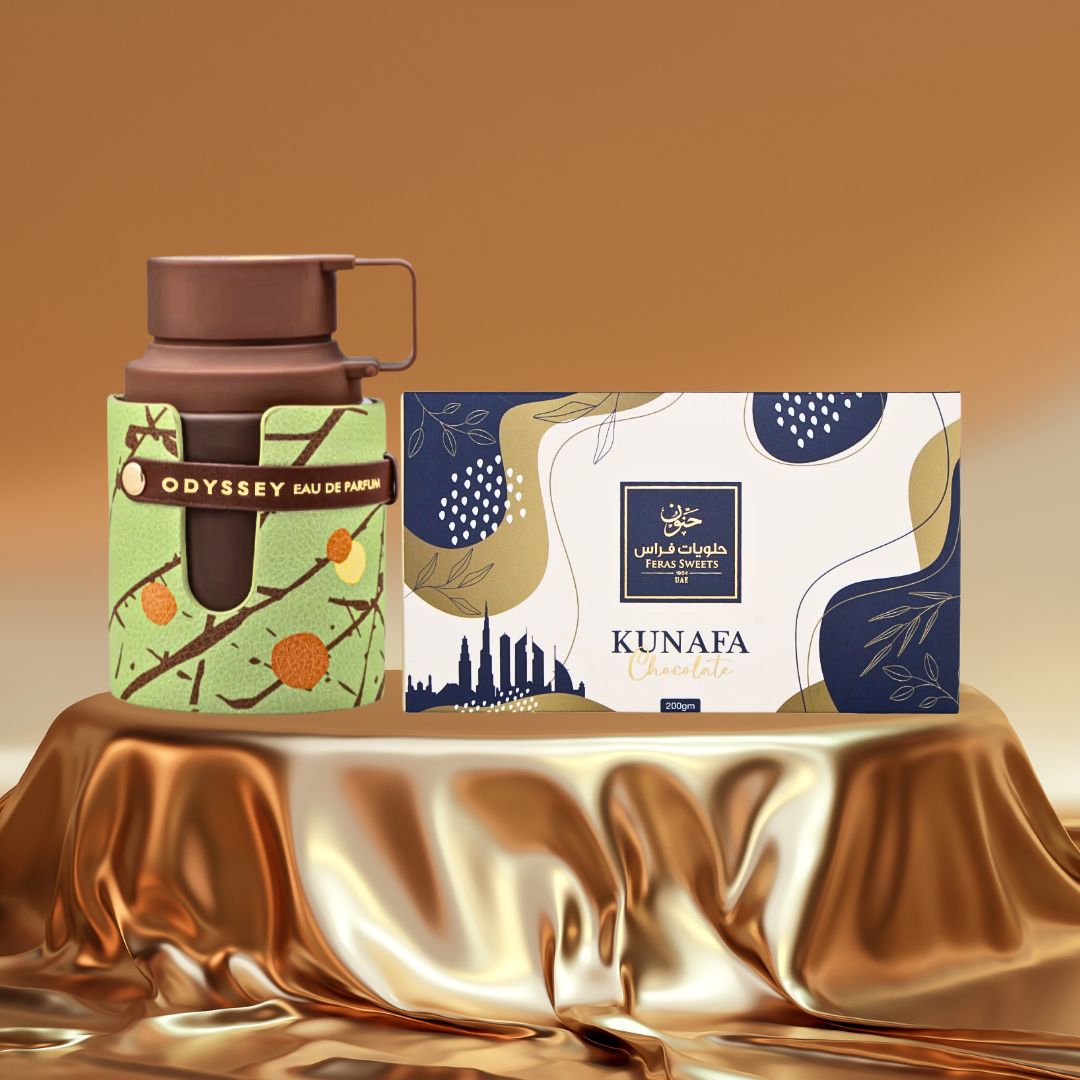 Odyssey Dubai Chocolat Gourmand Edition Eau De Parfum Spray 100ML (3.4 OZ) by Armaf & Dubai Kunafa Chocolate Bar 200GMS by Feras Sweets | A Duo of Decadent Fragrance & Rich Chocolate Indulgence. (Bundle) - Intense Oud