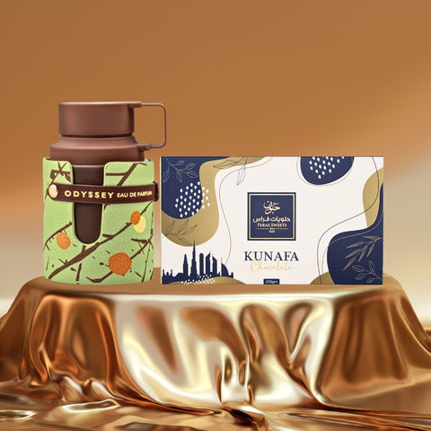 Odyssey Dubai Chocolat Gourmand Edition Eau De Parfum Spray 100ML (3.4 OZ) by Armaf & Dubai Kunafa Chocolate Bar 200GMS by Feras Sweets | A Duo of Decadent Fragrance & Rich Chocolate Indulgence. (Bundle) - Intense Oud