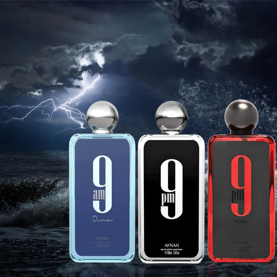 A bundle of three Afnan Eau de Parfum sprays: 9PM, Rebel, and Dive, each in 100ml bottles, displayed together.