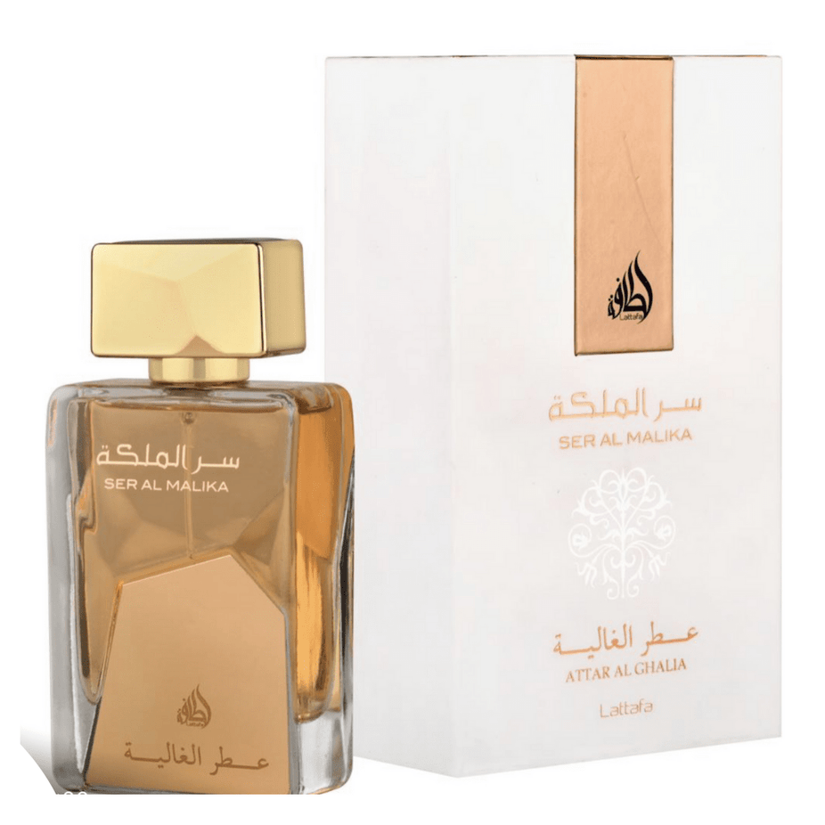 Lattafa Ser Al Malika Attar Al Ghalia EDP Eau De Parfum 100ML bottle with elegant design and floral fragrance details