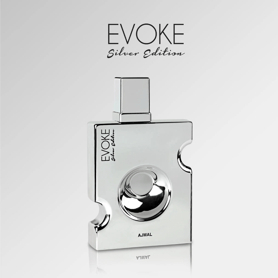 Evoke Silver Edition for Men Ajmal Eau De Parfum 90ml bottle with sleek silver packaging and elegant design.