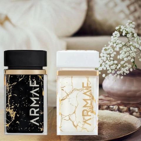 Armaf Ombre D’or & Perle D’or Eau de Parfum spray bundle, 75ml each, featuring elegant fragrance bottles with gold accents.