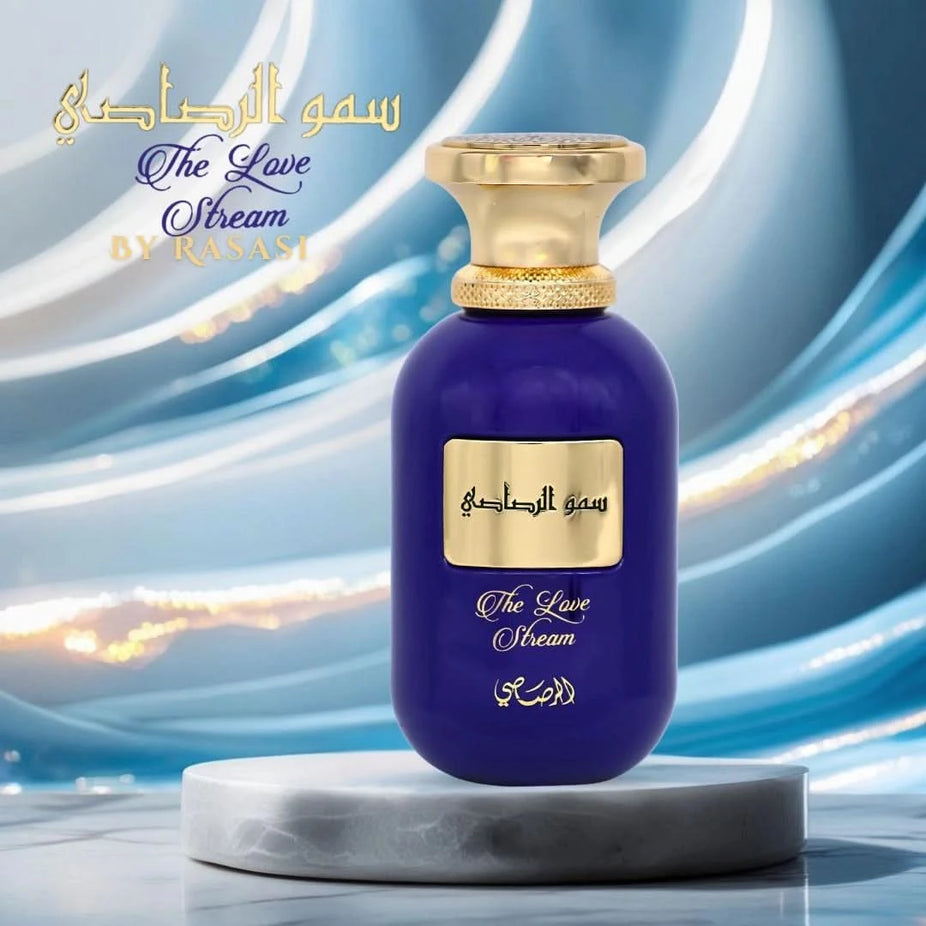 Rasasi Somow Al Rasasi The Love Stream Eau de Parfum Spray 100ml in velvet pouch, elegant bottle with floral and oriental notes.