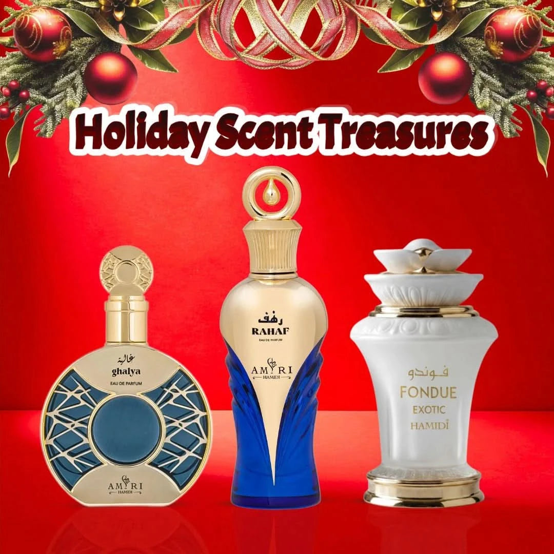 Hamidi Ghalya Amiri, Amiri Rahaf & Fondue Exotic Eau de Parfum spray bundle in 100ml bottles, featuring elegant fragrance packaging.