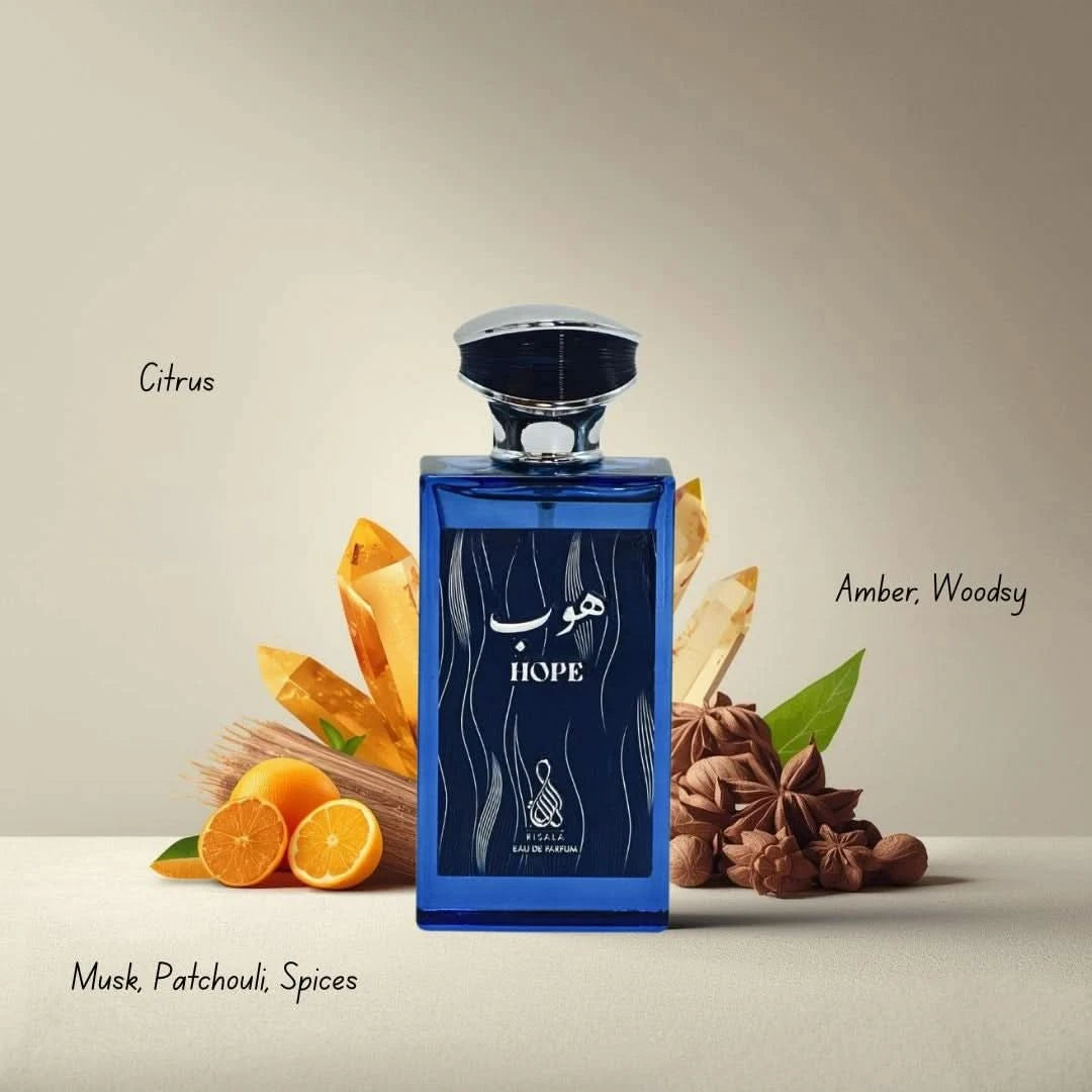 Bundle of RISALA Valley of Love, Valley of Gold, Rehat Al Zahoor & Hope Eau de Parfum sprays in 100ml bottles, featuring elegant perfume bottles.