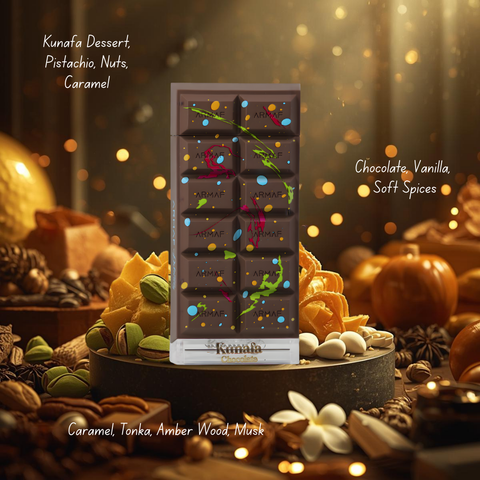 Armaf Dubai Delicacy Kunafa Chocolate Eau de Parfum spray 70ml with velvet pouch, featuring elegant bottle and luxurious packaging.