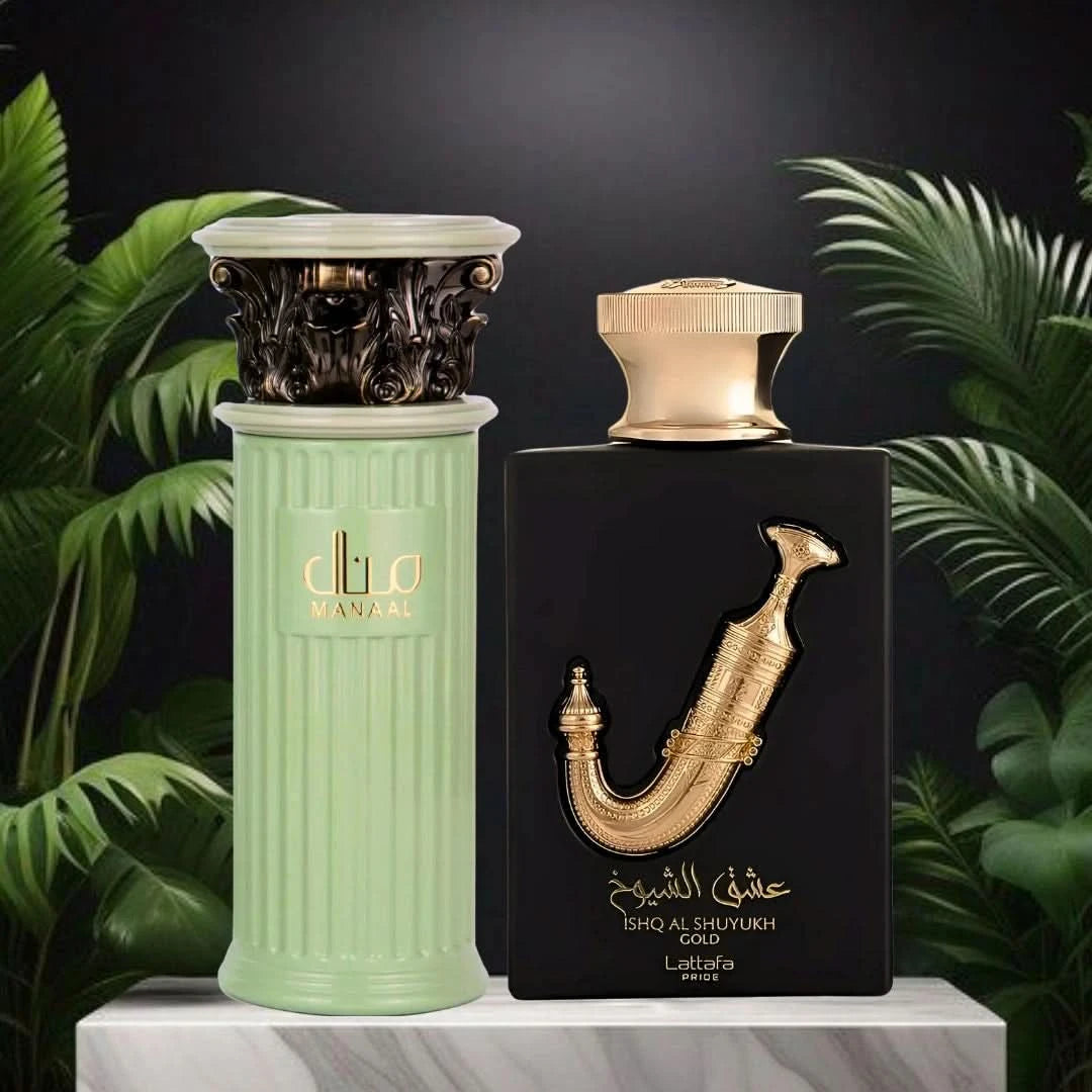 Bundle of Manaal by Ard Al Zaafaran and Ishq Al Shuyukh Gold by Lattafa Eau de Parfum sprays, 100ml bottles.