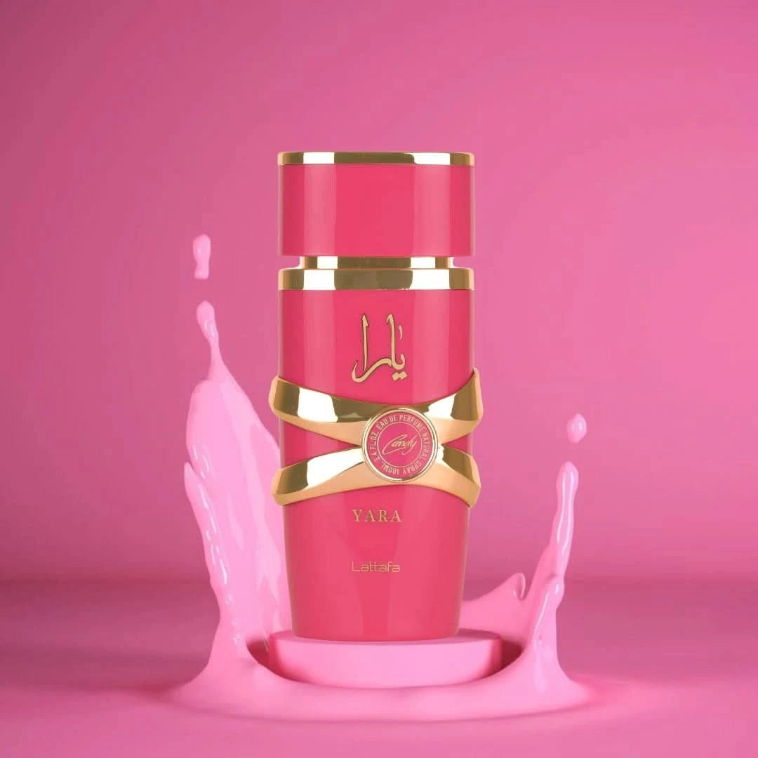 Lattafa Yara Candy Eau de Parfum spray in a velvet pouch, 100ml bottle with elegant design and spray nozzle.