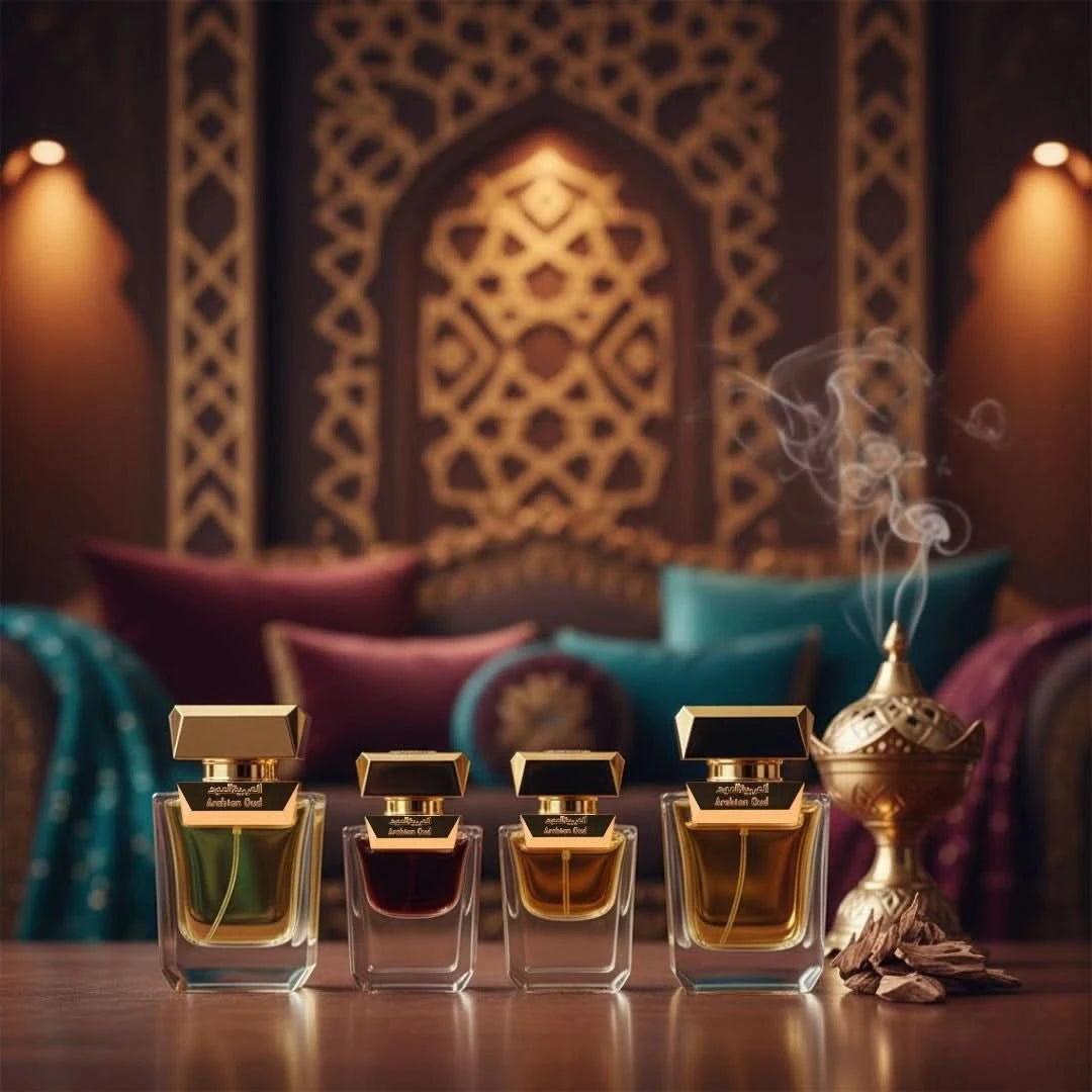 Arabian Oud Dokhon 5-piece gift set featuring elegant perfume bottles and luxurious packaging, perfect for gifting.