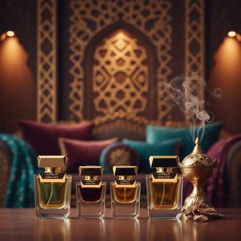 Arabian Oud Dokhon 5-piece gift set featuring elegant perfume bottles and luxurious packaging, perfect for gifting.