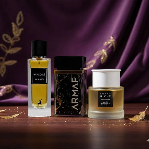 Armaf Niche White Diamond and Maison Alhambra Winsome perfume bundle with two 100ml eau de parfum sprays, elegant packaging.