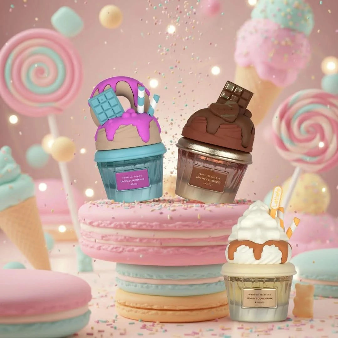 Lattafa Vanilla Freak, Choco Overdose & Whipped Pleasure Eau de Parfum spray bundle, 75ml bottles, with colorful packaging.