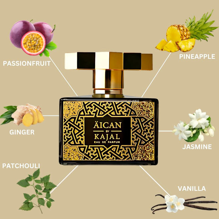 Aican Eau de Parfum Spray by Kajal in a 100ml bottle, featuring a sleek design and floral fragrance.