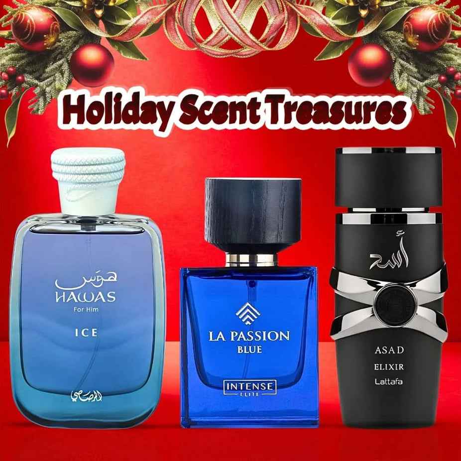 Bundle of 100ml Eau de Parfum sprays including Hawas Ice by Rasasi, La Passion Blue by Intense Elite, and Asad Elixir by Lattafa.