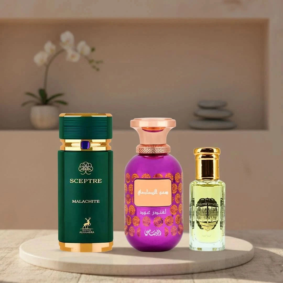 Rasasi perfume bundle including Sceptre Malachite by Maison Alhambra, Somow Al Rasasi Lavender Oud, and Rouje perfume oil in 100ml, 12ml bottles