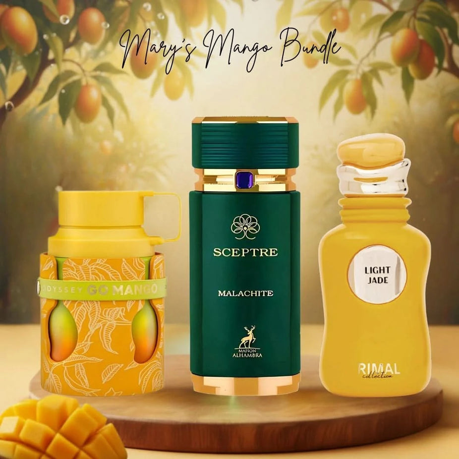 Odyssey Go Mango, Sceptre Malachite, and Light Jade Eau de Parfum sprays by Armaf, 100ml bundle, featuring vibrant fragrance bottles.