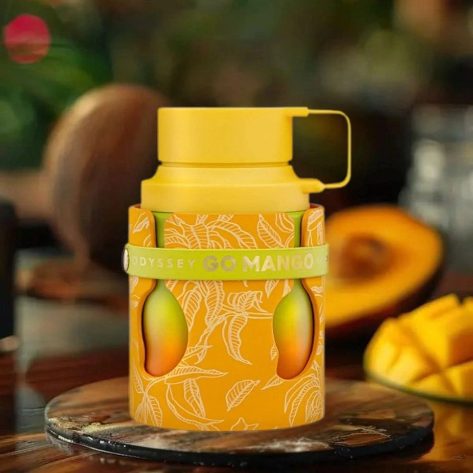 Odyssey Go Mango Tropical Collection Eau de Parfum spray by Armaf, 100ml, featuring a vibrant mango and tropical scent bottle.