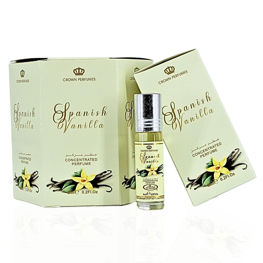 Six 6ml bottles of Al Rehab Spanish Vanilla Perfume Oil CPO in a box, featuring dark glass bottles with gold caps.