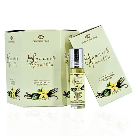 Six 6ml bottles of Al Rehab Spanish Vanilla Perfume Oil CPO in a box, featuring dark glass bottles with gold caps.