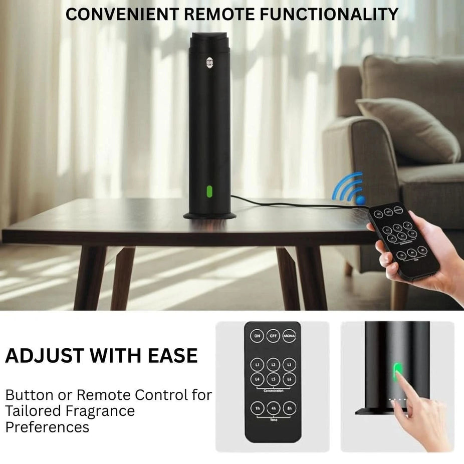 Intense Oud Black Aromatherapy Diffuser with remote control, 120ml capacity, adjustable mist, timer, for home, office, or hotel use
