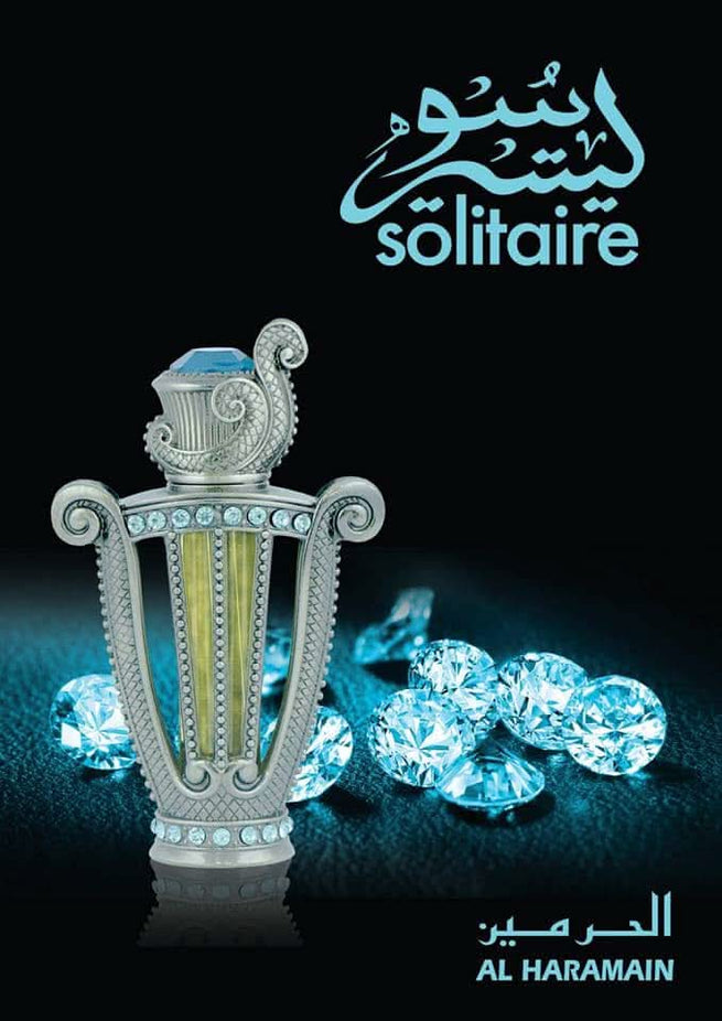 Al Haramain Solitaire Perfume Oil 12ml bottle with elegant packaging and a floral-themed poster background.