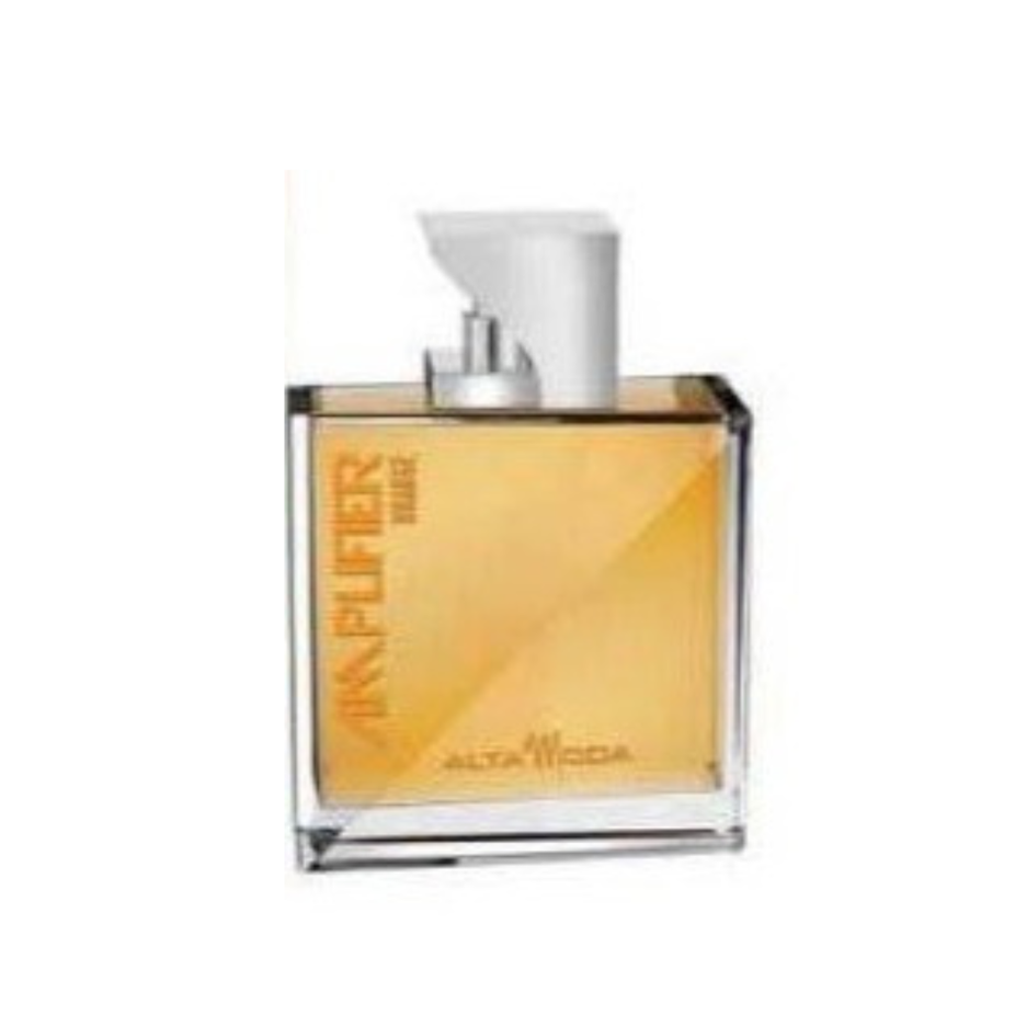 Orange Alta Moda amplifier EDT 100ml bottle with velvet pouch, featuring sleek glass design and vibrant orange packaging.