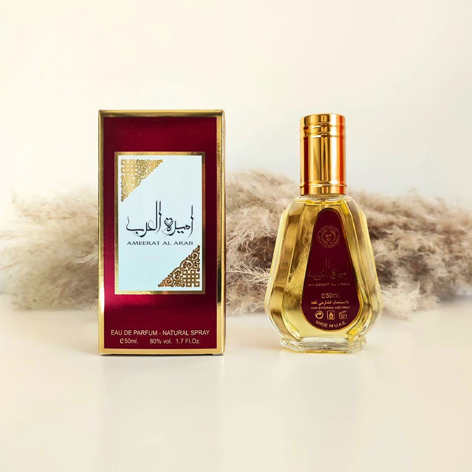 Ameerat Al Arab Eau de Parfum spray by Ard Al Zaafaran, 50ml bottle, elegant glass packaging with floral and oriental design.