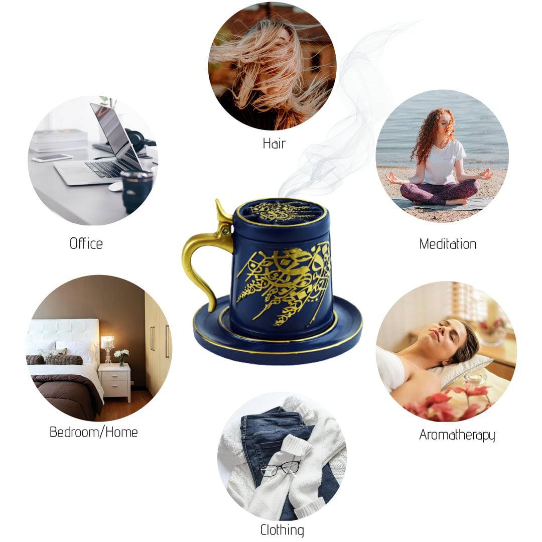 Tea Cup Style Closed Incense Bakhoor Burner - Navy Blue - Intense oud