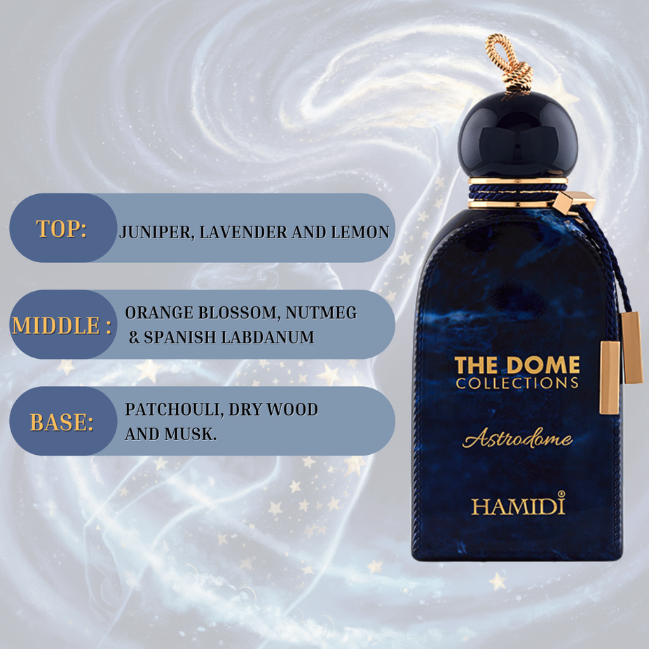 Astrodome Eau de Parfum spray by Hamidi, 100ml bottle, featuring sleek packaging and a dark floral fragrance design.