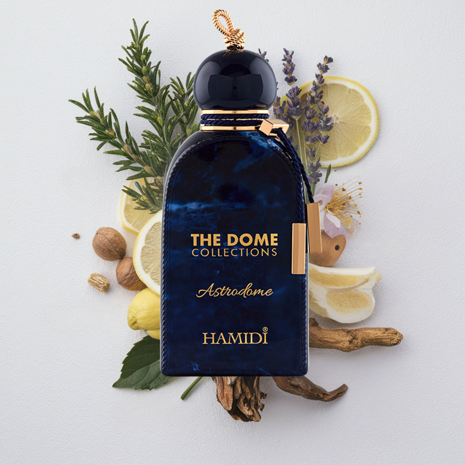 Astrodome Eau de Parfum spray by Hamidi, 100ml bottle, elegant packaging with a sleek design and floral-inspired accents.