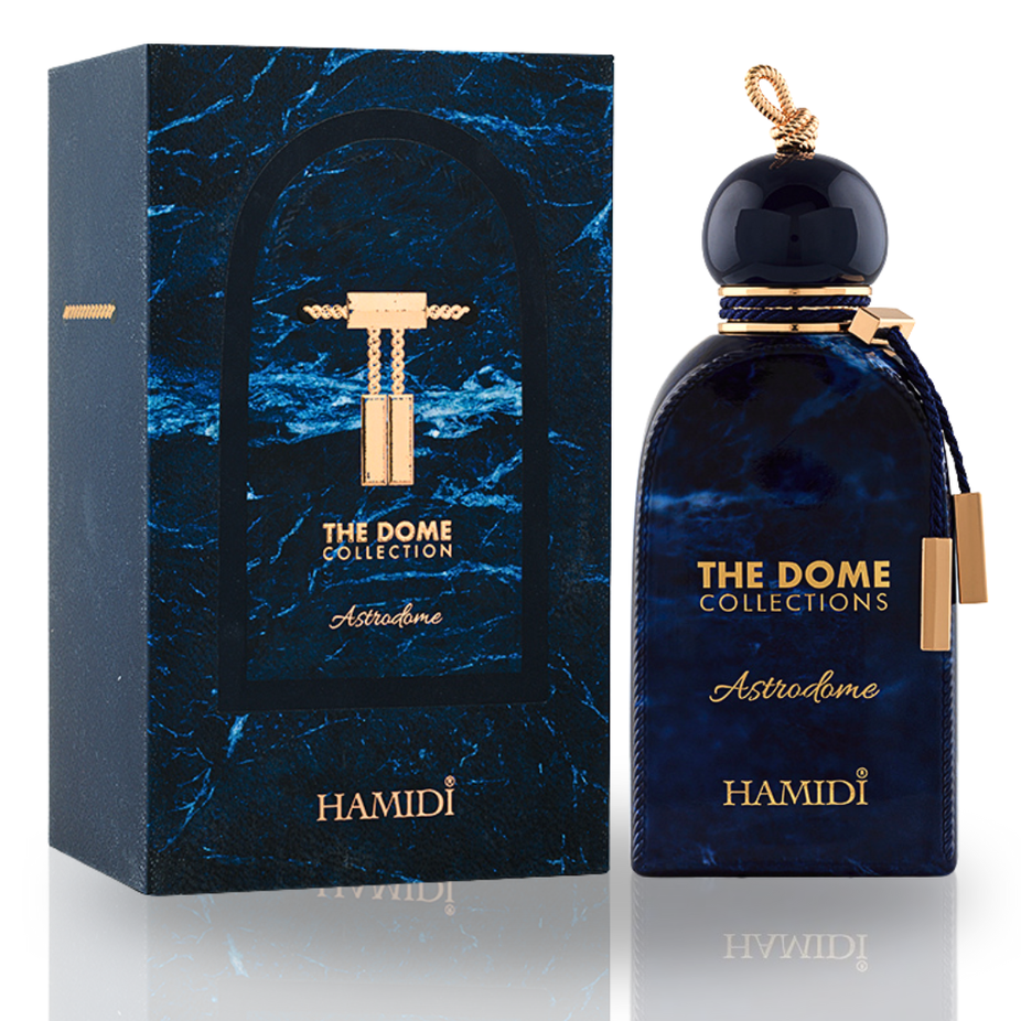 Hamidi Astrodome Eau de Parfum spray 100ml bottle with sleek design and floral, woody fragrance elements.