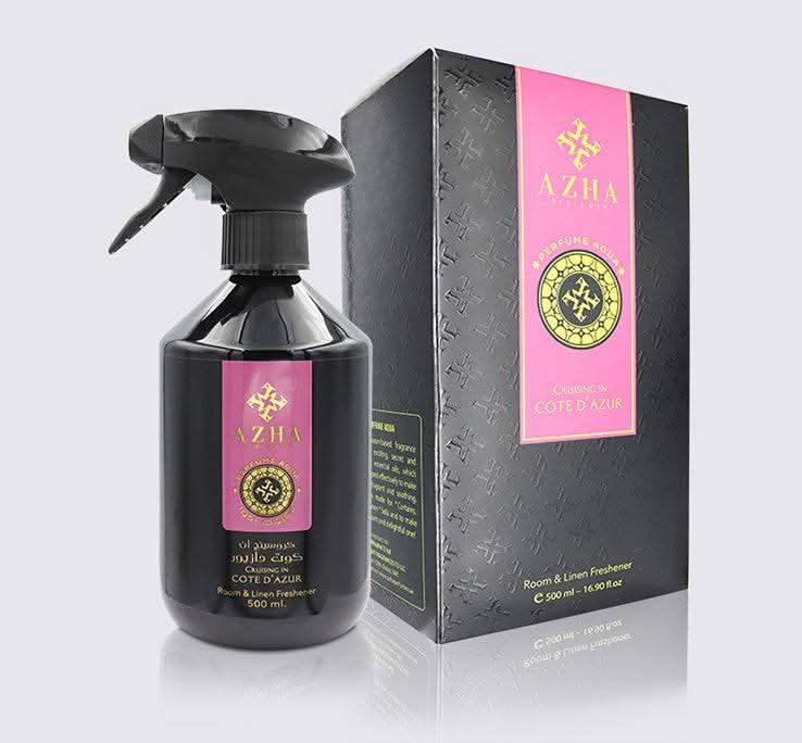 AZHA Cruising In Cote D'Azur air freshener bottle, 500ml, with fresh linen scent, designed to refresh rooms with a luxurious aroma.