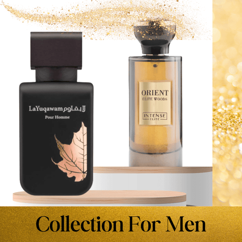 Intense Elite men's 2-piece collection featuring La Yuqawam for Men 75ml and Orient Elite Woods 100ml Eau de Parfum bottles.