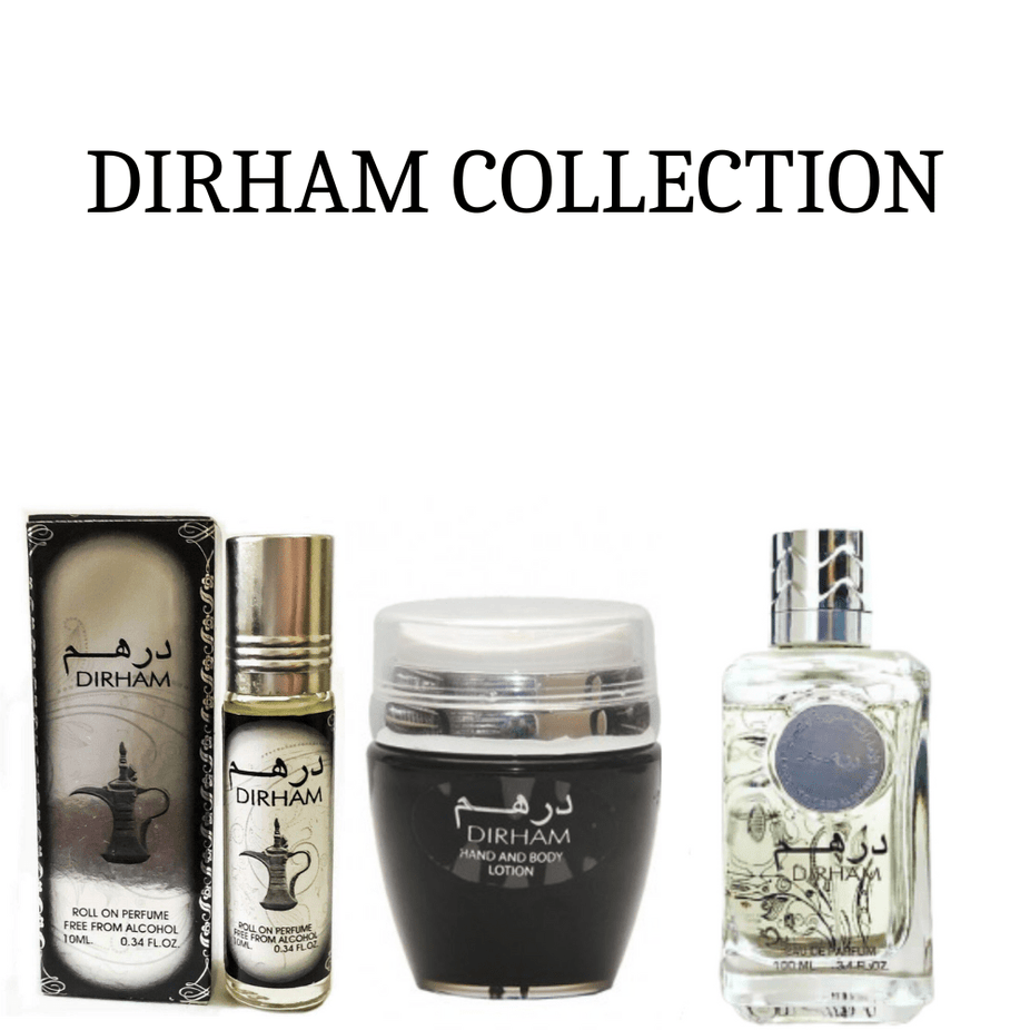 Ard Al Zaafaran Dirham Collection bundle with 1-Dirham EDP unisex perfume, lotion, and perfume oil in 100mL, 30g, and 10mL bottles.