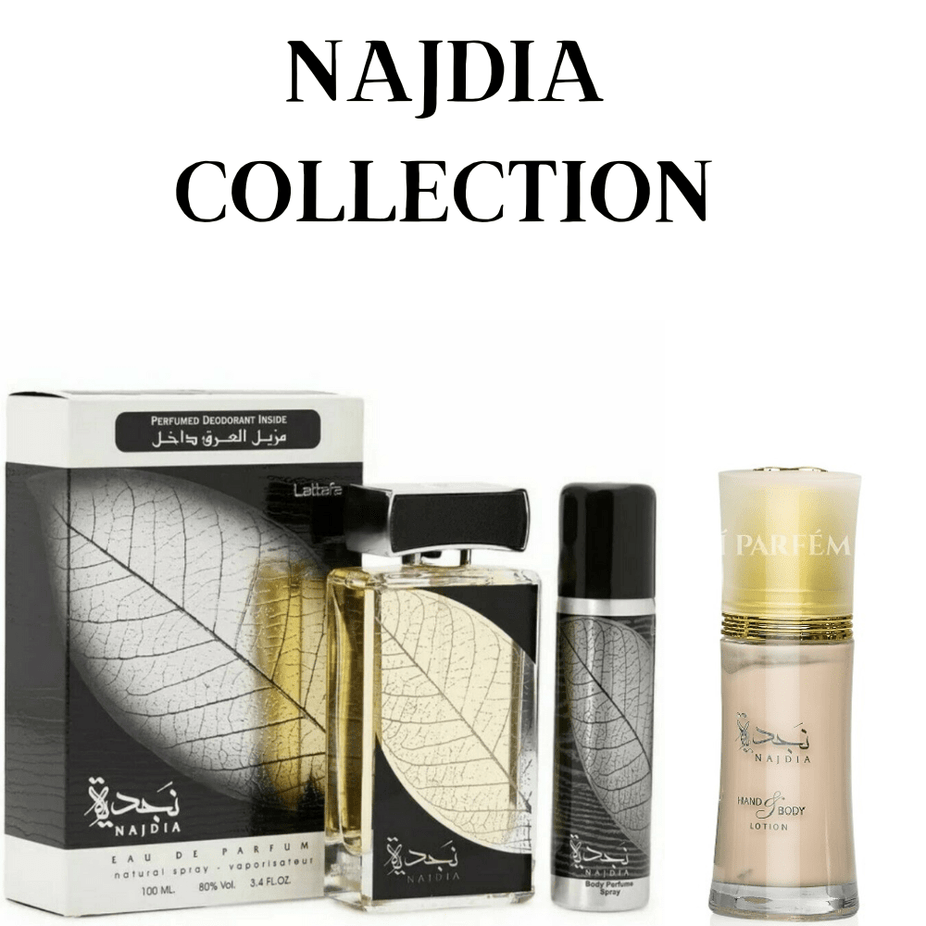 Lattafa Najdia for Men EDP 100ML, Najdia Lotion 50GMS, and deodorant bundle with bottles and packaging visible