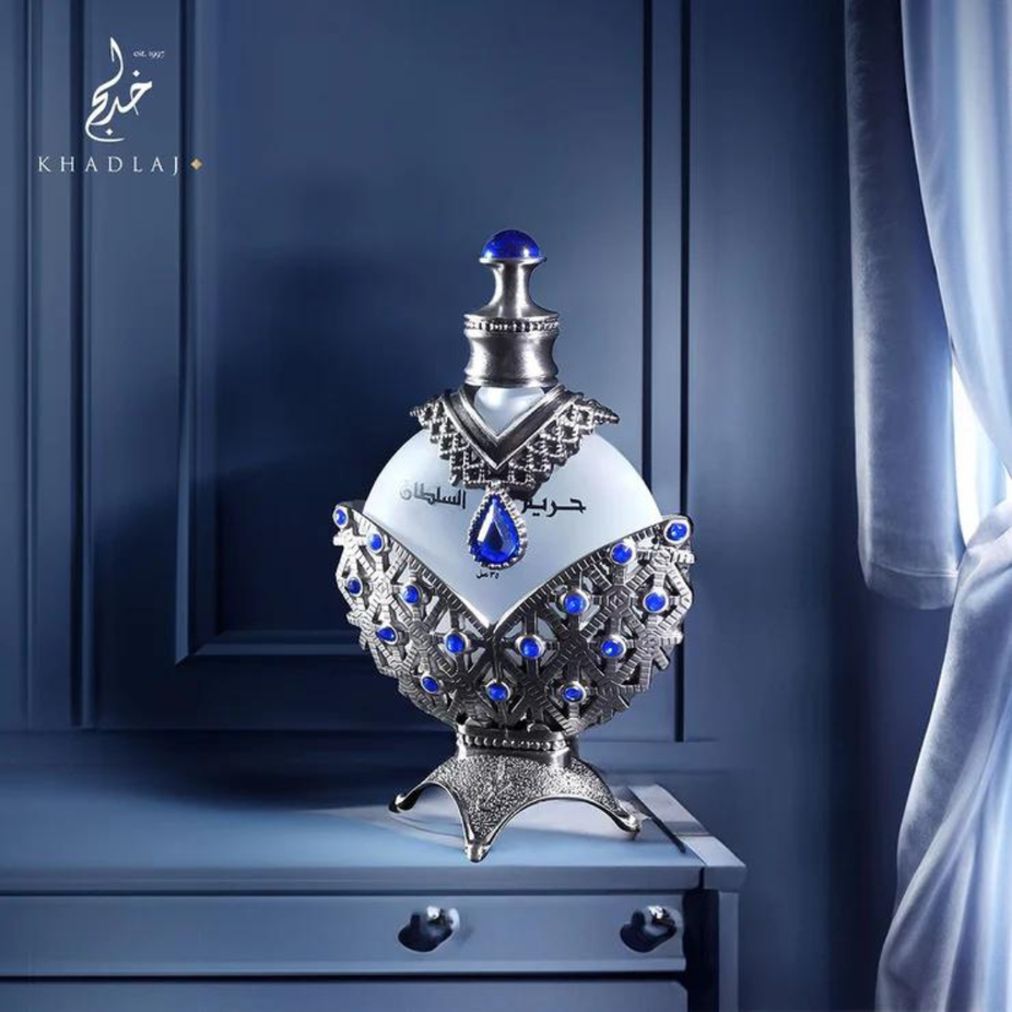 Khadlaj Hareem Al Sultan blue antique perfume oil in a 35ml bottle, featuring elegant packaging and luxurious scent.