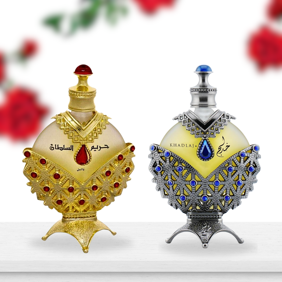 Khadlaj Hareem Al Sultan Gold and Blue Antique CPO concentrated perfume oils, 35ML, in elegant bottles, ideal for luxury fragrance.